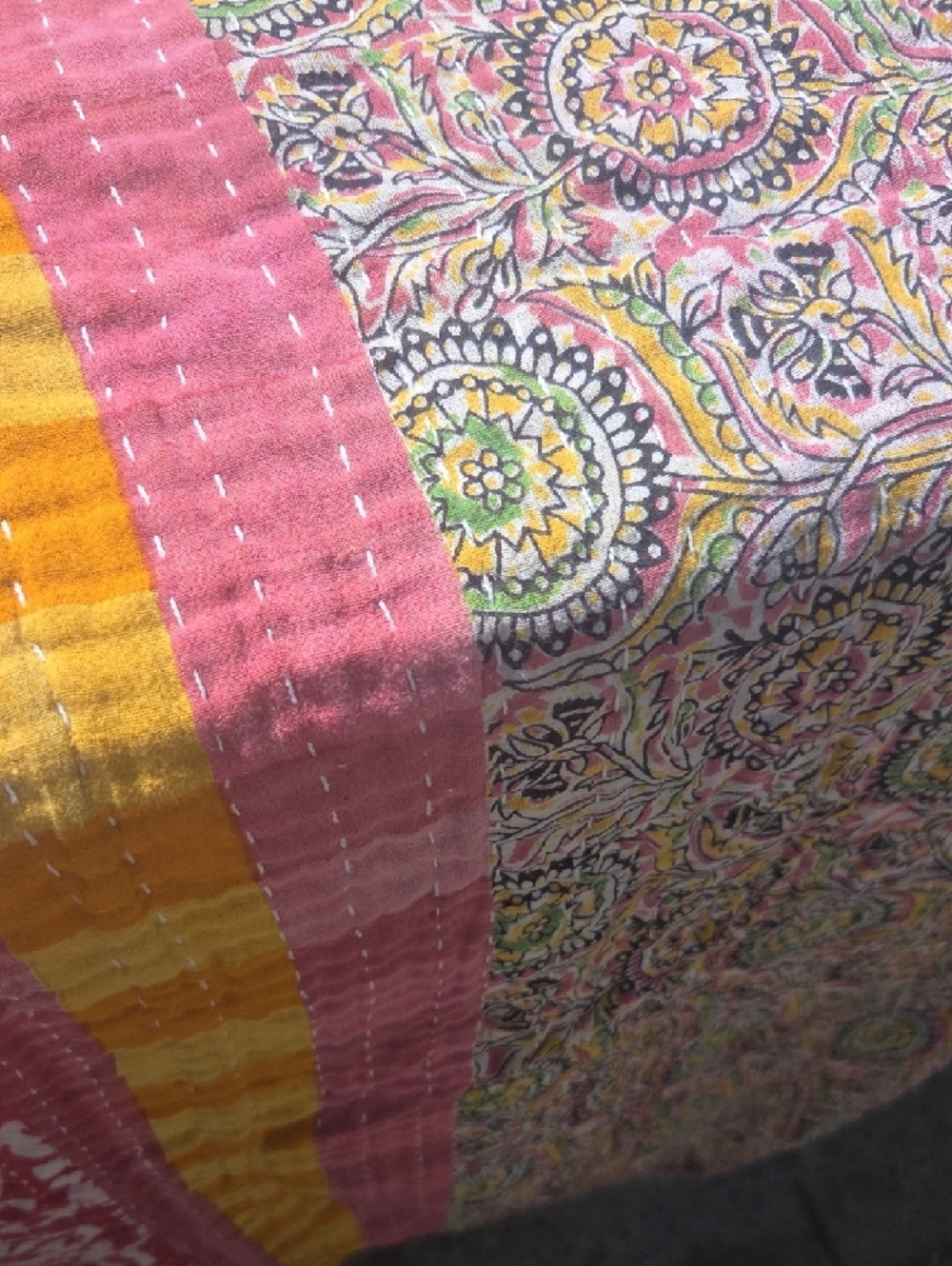 Kantha Twin Quilt in Pink & Yellow - Picture 2 of 5